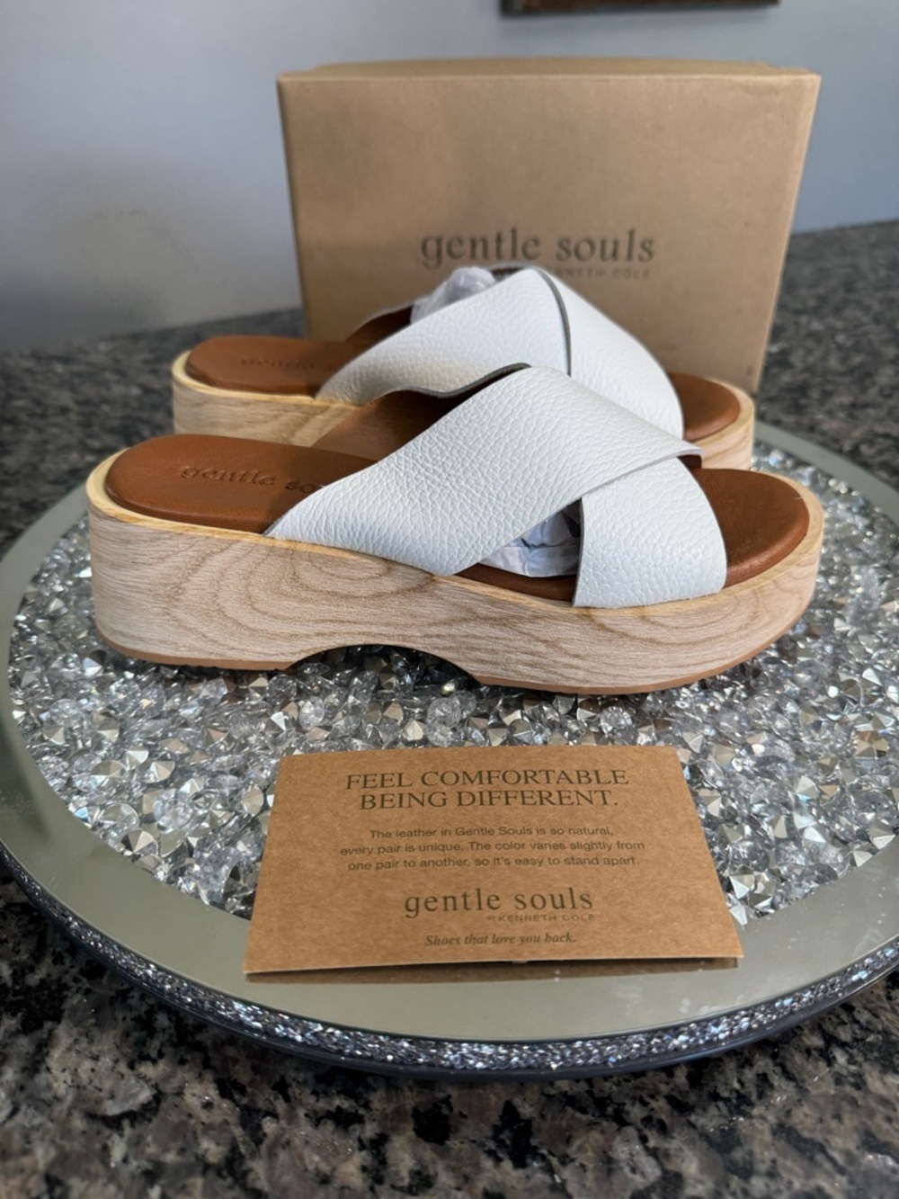 gentle souls White Leather Crossover Platform Mule slide sandals wood soul NEW